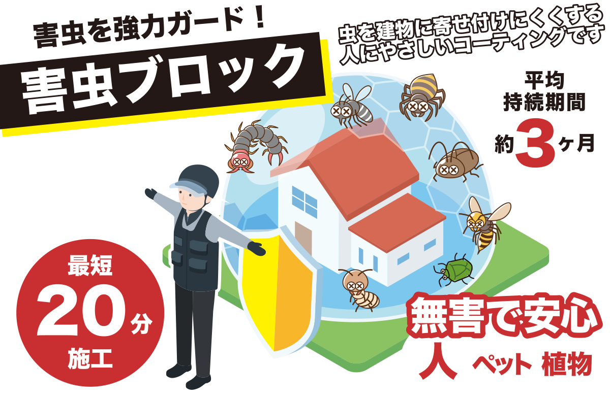 害虫を協力ガード！害虫ブロック!! 虫を建物に寄せ付けにくくする人にやさしいコーティングです　平均持続期間 約3ヶ月　最短20分施工　無害で安心 人・ペット・植物